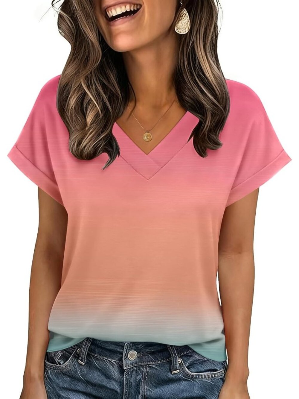 Women's Rainbow Short Sleeve V Neck Basic Tees Shirts Casual Top Blouses
